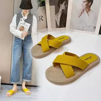 Тапочки женские летние 2024 новые сандалии плоские подошвы конопляные подошвы одно слово перетащить пляжные сандалии плоские подошвы 36 жёлтый