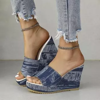 Тапочки женские летние большого размера этнический стиль тканевая платформа женские супер высокий каблук танкетка сандалии женские 35 светло-синий