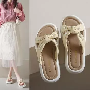 Тапочки женские летние феи уличные модели жемчужные толстые повседневные пляжные сандалии тапочки модные женские летние дышащие туфли 35