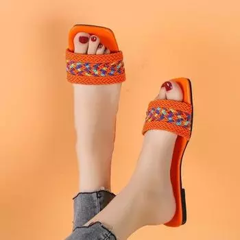 Тапочки женские летние квадратные носы повседневные плоские женские разноцветные шлепанцы женские плетеные шлепанцы женская домашняя обувь больших размеров 35