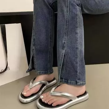 Тапочки женские летние модные верхняя одежда на среднем и высоком каблуке пляжная обувь шлепанцы с толстой подошвой нескользящие универсальные классные тапочки для моря 35 бежевый