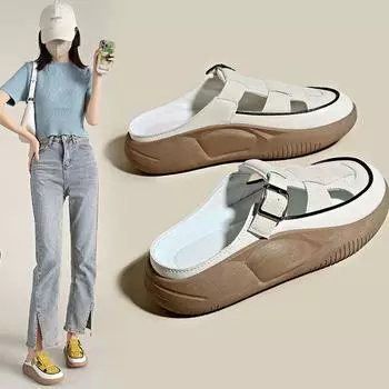 Тапочки женские летние новые толстые подошвы нескользящие полутапочки повседневные пляжные сандалии женская обувь 35