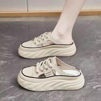 Тапочки женские летние новые верхние туфли на толстой подошве из кожи с закрытым носком без каблука сандалии 35