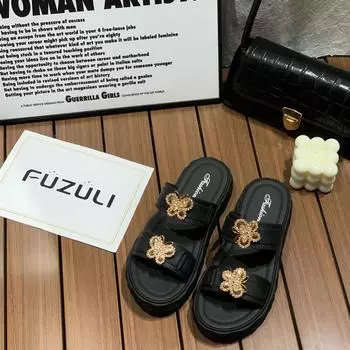 Тапочки женские летние повседневные верхняя одежда бант слово с плоской подошвой сандалии студенческие пляжные тапочки 36 чёрный