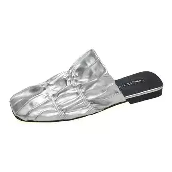 Тапочки женские летние туфли на плоской подошве женские закрытые носки роскошные шлепанцы Pantofle квадратные серебристые дизайнерские тапочки повседневная женская обувь 35
