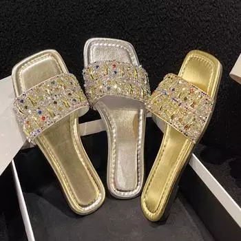 Тапочки женские летние туфли женские модные базовые тапочки уличные современные тапочки женские хрустальные женские туфли Zapatos De Mujer 35 золотой