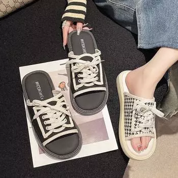 Тапочки женские летние верхняя одежда новые универсальные туфли детские модные женские туфли ленивые сандалии на платформе из парусины 35