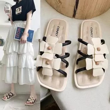 Тапочки женские летние верхняя одежда уличные пляжные римские сандалии модные летние сандалии с цветочным принтом 36 чёрный