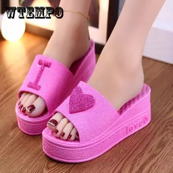 Тапочки женские, милые сандалии и тапочки на толстой подошве с персиковым сердечком, домашняя ванная комната, шлепанцы на среднем каблуке с мягкой подошвой, нескользящая пляжная обувь 40