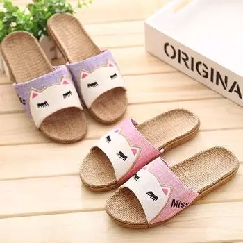 Тапочки женские модные бохо мультяшные коты льняные шлепанцы пляжная обувь сандалии повседневные женские нескользящие балетки женские тапочки 35 розовый