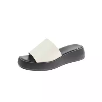 Тапочки женские на толстой подошве с танкеткой, верхняя одежда, лето 2024, новые белые модные туфли на плоской подошве, однотонные женские туфли 35 чёрный