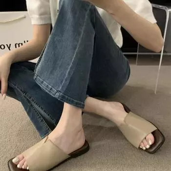 Тапочки женские носят 2024 новые французские сказочные пляжные мягкие плоские сандалии летом 35 чёрный