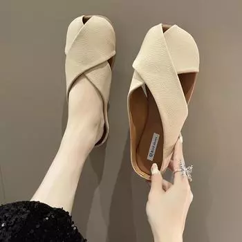 Тапочки женские новые модели на лето 2025 года, сумка-мешок для рта рыбы, полудраг, легкие туфли-лодочки с мягкой подошвой и холодные тапочки 35 абрикосовый