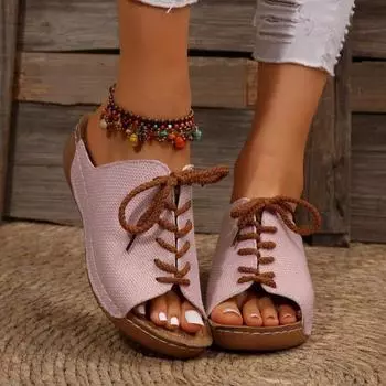 Тапочки женские новые римские босоножки на танкетке с каблуком-платформой, женские босоножки с бантом, кружевные декоративные туфли, импортная торговля, обувь больших размеров 36