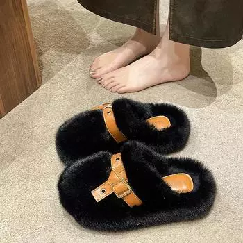 тапочки женские с люверсами и пряжками пушистые зимние тапочки зимние женские туфли на толстой подошве верхняя одежда на толстой плоской подошве плюшевые тапочки 35 хаки