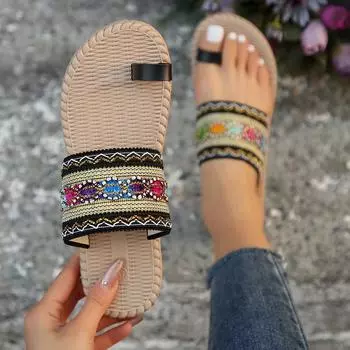 Тапочки женские сандалии летние греческий стиль бохо фольклорные женские туфли на плоской подошве дышащие удобные пляжные женские тапочки шлепанцы 36 чёрный