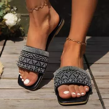 Тапочки, женские сандалии на плоской подошве со стразами, верхняя одежда, одно слово, сандалии с квадратной головкой, тапочки 35 дубильная кора