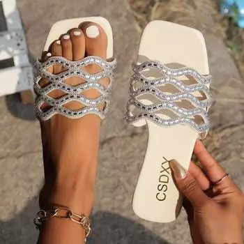 Тапочки, женские сандалии на плоской подошве со стразами, верхняя одежда, одно слово, сандалии с квадратной головкой, тапочки 35 дубильная кора