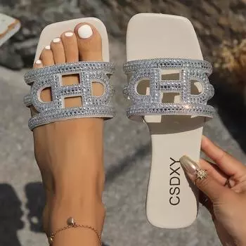 Тапочки, женские сандалии на плоской подошве со стразами, верхняя одежда, одно слово, сандалии с квадратной головкой, тапочки 35 дубильная кора