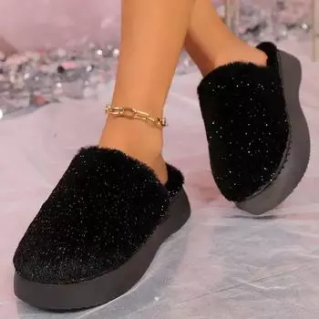 Тапочки женские зимние 2024 модные и теплые женские меховые тапочки удобные повседневные тапочки на толстой подошве Pantuflas De Mujer 36 чёрный