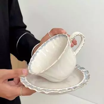 Тарелка для кофейной чашки Smoke Blue Retro Kiln Transformation Advanced Feeling Drawing Flower Cup Керамическая кофейная чашка Afternoon Tea 250 мл