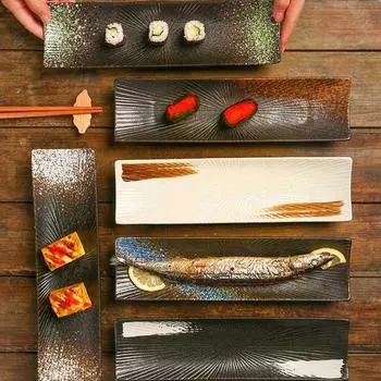 Тарелка для суши Японская керамическая посуда Тарелка для западной еды Креативная тарелка для сайры Тарелка в форме лодочки Прямоугольная тарелка