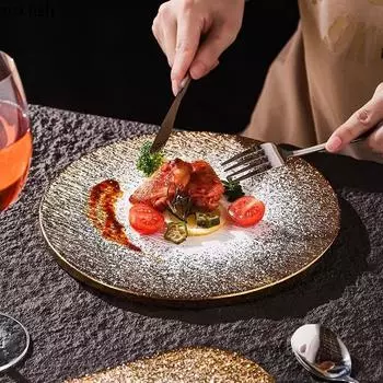 Тарелка с узором из золотистого матового камня, креативная керамическая тарелка для стейка, десертная тарелка, суши-тарелки, молекулярная кухня, гостиничная посуда
