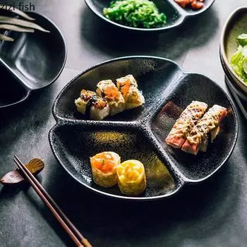 Тарелка в японском стиле с тремя сетками, креативная керамическая тарелка для закусок, тарелка для суши, тарелки для сухофруктов, сервировочные тарелки, специальная столовая посуда