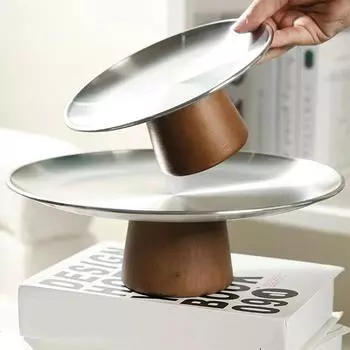 Тарелки из нержавеющей стали, столовая посуда, кухонная ваза для фруктов с деревянным основанием, разделенная на секции, подносы для конфет, хлеба, торта, десерта, столовая посуда