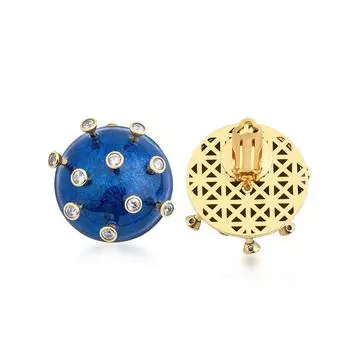 Tash Design Stars Enamel Clip Single Big Earring, Earrings for Women, 5 cm Diameter, Bronze Over Gold Plated, Blue Enamel Zircon Stone