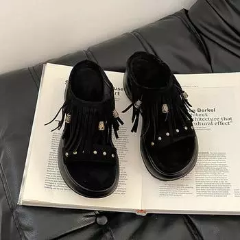 Tassel beaded Roman sandals retro summer outerwear toe women s shoes retro flat seaside vacation 35