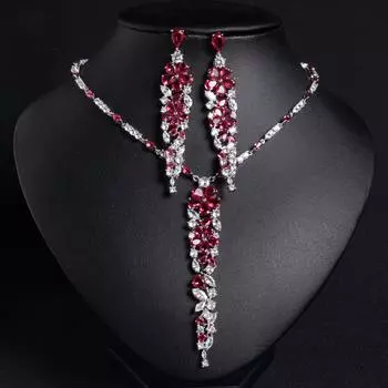 Tassel Bridal Necklace Earrings Set, Color Zircon Copper Jewelry Two-Piece Set, Evening Dress Accessories красный