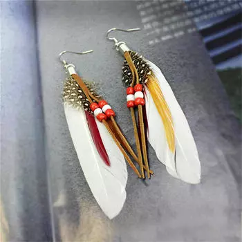 Tassel Dangling Earrings Feather Leather Beads Earrings Indian Feathers белый