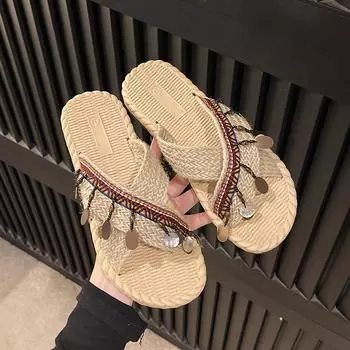 Tassel Flip-flops Women s Summer New Straw Sandals Woven National Wind Slippers Tourist Beach Shoes Soft Flat 35 бежевый