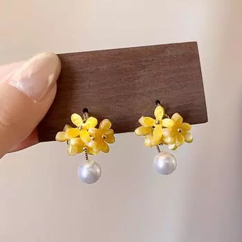 Tassel Flowers Earrings Women Special-Interest Design Red Stud Earring Accessible Luxury Asymmetric Earrings 2023 New Style Yellow Stamen Pearl ~ Hot Sale