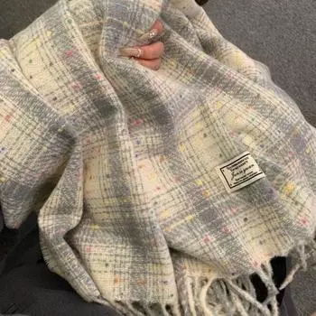 Tassel Rainbow Bean Plaid Scarf Cashmere Shawl Cape Wraps Simple Long Shawl Girl бежевый