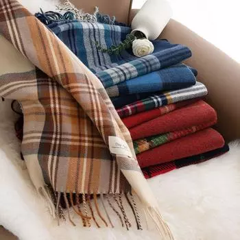 Tassel Winter Cashmere Scarves Red Wool Shawl Simple Plaid Scarf Student Style 6