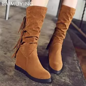 Кисточки Женские высокие сапоги замшевые высокие каблуки дизайнерская обувь 2025 тренд середина икры зимние новые мотоциклетные сапоги мода Botas De Mujer 35 чёрный