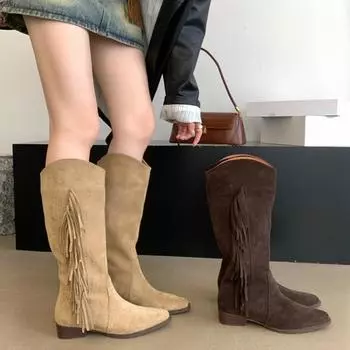 Женские сапоги в стиле вестерн с кисточками, модные туфли-лодочки на толстом каблуке, осенне-зимние женские длинные сапоги 35