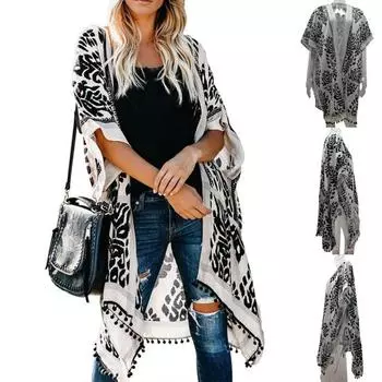 Tassle Ball Защита от солнца Купальник Кардиган с половиной рукавом Женский пляж с принтом в стиле бохо зелёный