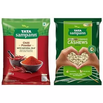 TATA Sampann Чистые цельные кешью | Kaju | Богаты белком, магнием и фосфором | 500 г и порошок чили Tata Sampann с натуральными маслами, 500 г