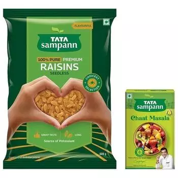 TATA Sampann Чистый изюм без косточек | Кишмиш | Источник калия | Сухофрукты | 500 г выгодная упаковка и Tata Sampann Chaat Masala с натуральными маслами, 100 г