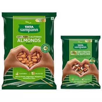 TATA Sampann Чистый калифорнийский миндаль, цельный и сухофрукты | 500 г и смесь сухофруктов и орехов Tata Sampann, 200 г