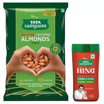 TATA Sampann Чистый калифорнийский миндаль целиком | 1 кг выгодная упаковка и Tata Sampann Hing (Бандхани Хинг), 100г