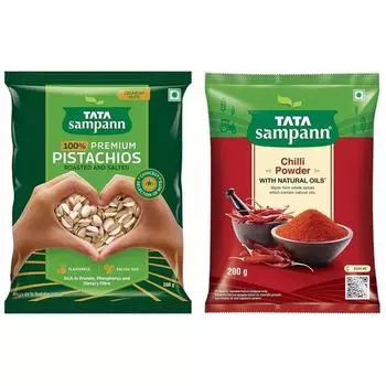TATA Sampann Фисташки жареные и соленые | Богатые белком и клетчаткой фисташки | 200 г и порошок чили Tata Sampann, 200 г