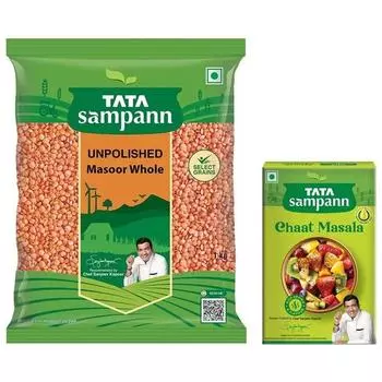TATA Sampann Масур дал, целый, 1 кг и тата сампан чаат масала с натуральными маслами, приготовленный шеф-поваром Сандживом Капуром, 100 г