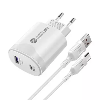 Tatal 38W Wall Charger Quick Charge PD20W Power3.0 Адаптер для быстрой зарядки с кабелем USB Type C для Xiaomi iPhone Samsung EU