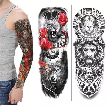 Татуировка наклейка на всю руку большой цветок рука сова часы оповещение пробуждение глаз бога водонепроницаемый имитация вода переводная наклейка 170*480MM