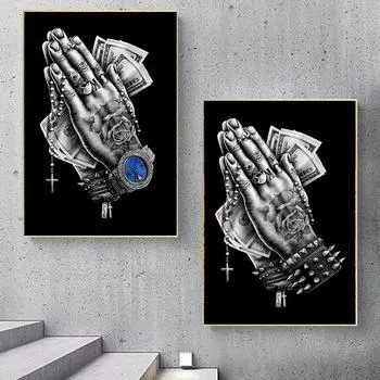 Татуировки, печать плакатов для домашнего декора, граффити, роскошные доллары, деньги, руки вместе, молитвенный жест, холст, живопись, настенное искусство (с рамкой) 15*20cm(with frame)