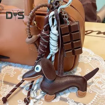 Такса брелок сумка кулон искусственная кожа милый щенок собака талисман подарки подвесные украшения для сумок сумки кошельки ретро стиль аксессуары чёрный